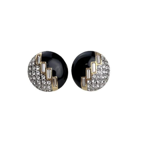 Swarovski Vintage Clip On Earrings Gold Tone Black Enamel Pave Baguette Crystals - Picture 1 of 11